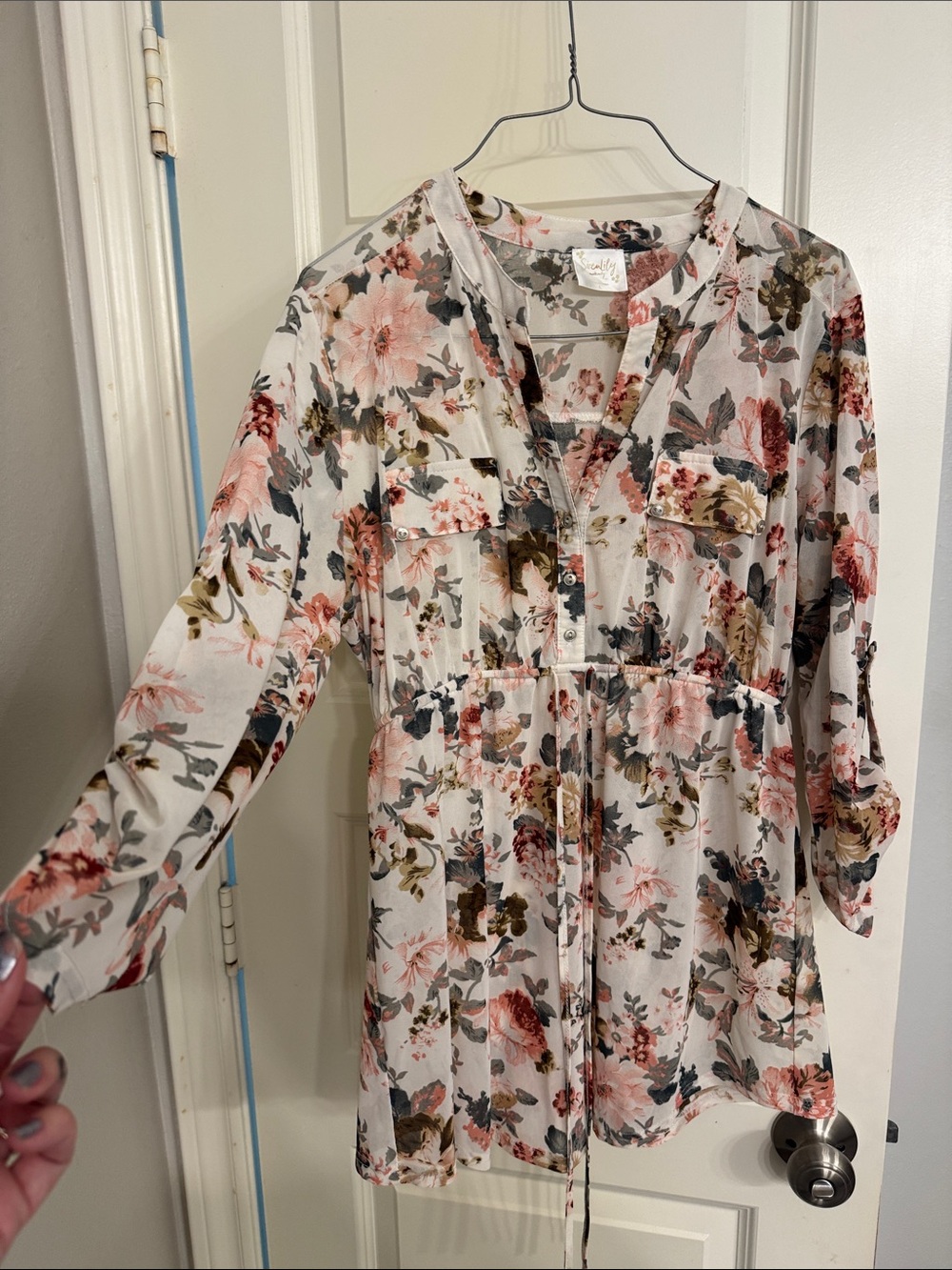 Siren Lily MATERNITY Cream Floral Drawstring Tunic - Blush, Olive, Gray